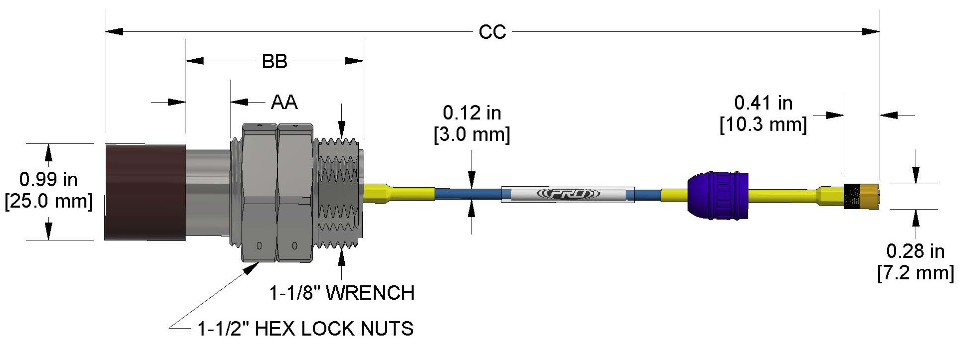 A dimension drawing of a Standard Mount CTC PRO Line Hazardous-Area Approved DP1008 proximity probe.